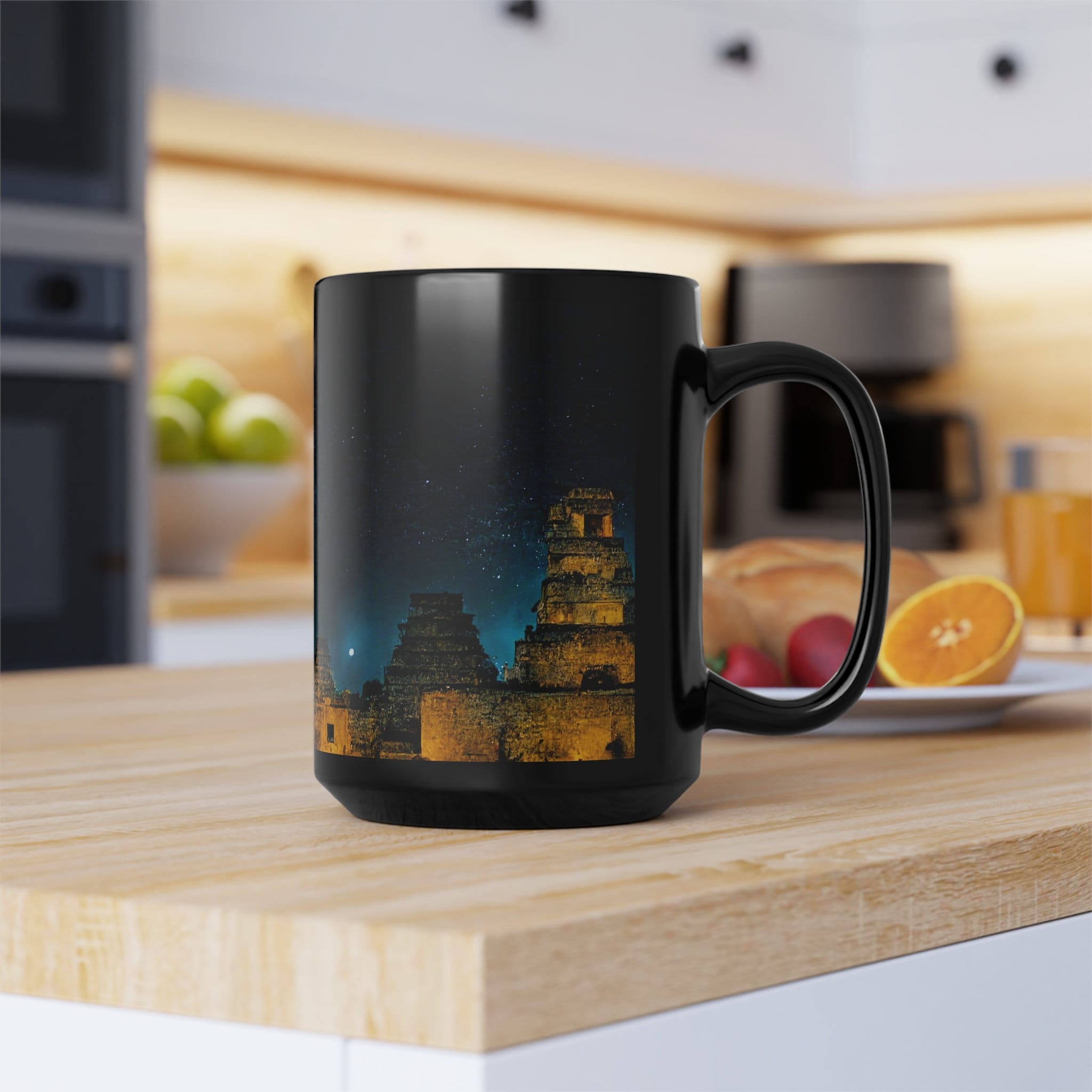 Nightfall Over the Mayan Empire Black Mug, 15oz