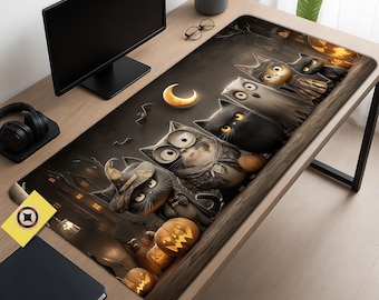 Spooky Black Cats Desk Mat: Witchy Halloween Gaming Mouse Pad