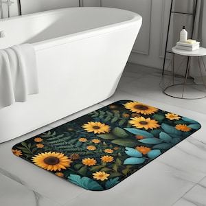 Floral Bath Mat, Sunflowers and Ferns, Botanical Bath Rug, Decorative Floor Mat, Cute Bathroom Rug