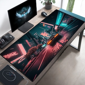 Cyberpunk Deskmat, Retrowave Deskpad, Gaming Mouse Pad, Streets of New York, Synthwave Desk Mat, Gamer Desk Pad, XL XXL Big Oversized