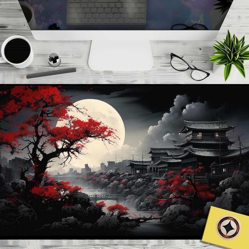 May include: A digital painting of a Japanese-style landscape with a large red tree in the foreground, a full moon in the sky, and a traditional Japanese building in the background.