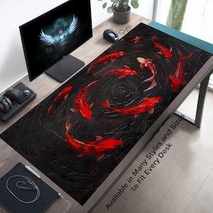 Peut inclure: Tapis de bureau abstrait noir et rouge avec un motif tourbillonnant de poissons koï. Disponible dans de nombreux styles et tailles pour s'adapter à tous les bureaux.