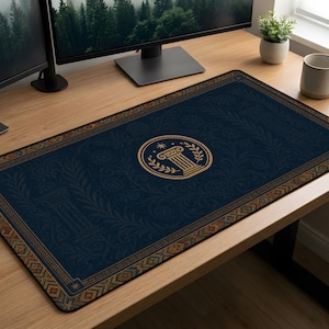 May include: A rectangular desk mat with a dark blue background and a gold border. The mat features a gold emblem in the center and a repeating floral pattern. The desk mat is designed to protect the desk surface.