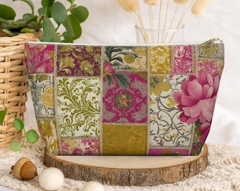 Floral Patchwork Makeup Bag: Pink & Green Vintage Style Cosmetic Pouch