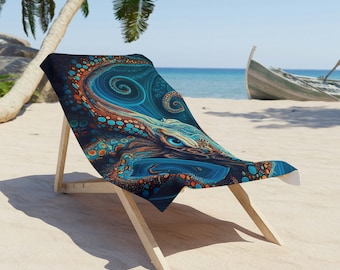 Epische ambachtelijke octopus strandlaken, blauw en oranje, wervelend waterontwerp, unieke oceaankunst, optie aangepaste naam, luxe vakantiecadeau