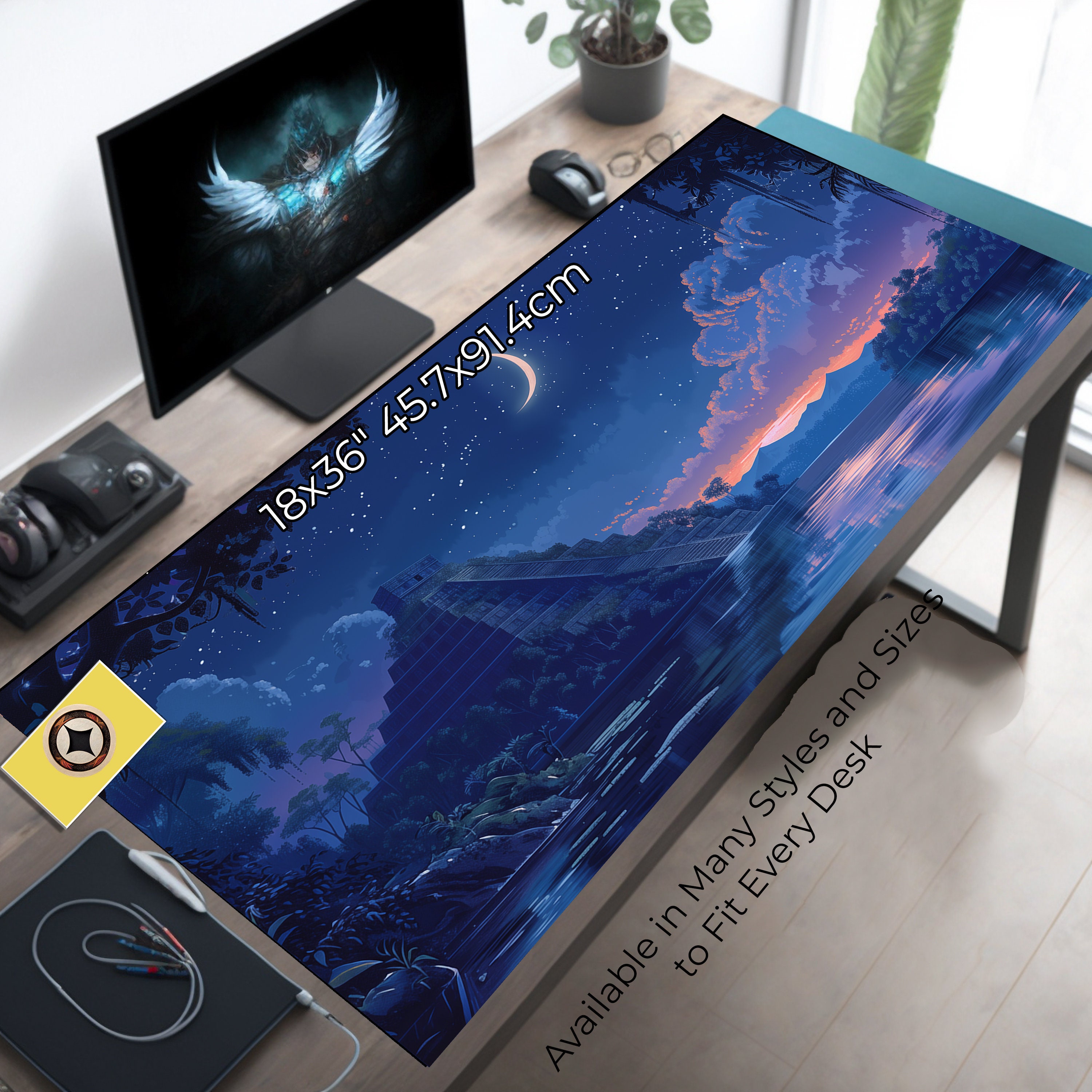 Blue Aztec Night Sky Desk Mat with Pyramid and Crescent Moon