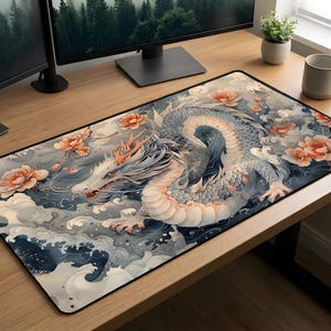 Japanese Dragon Desk Pad - Lotus Dragon Desk Mat - Fantasy Mouse Mat - Asian Mousepad XL - Light Blue Aesthetic - Gift for Wife