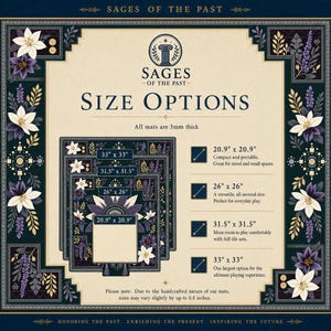 May include: A Sages of the Past informational graphic displaying size options for square mats. The text lists dimensions of 53.1 x 53.1 cm, 66 x 66 cm, 80 x 80 cm, and 83.8 x 83.8 cm, noting that all mats are 3mm thick.