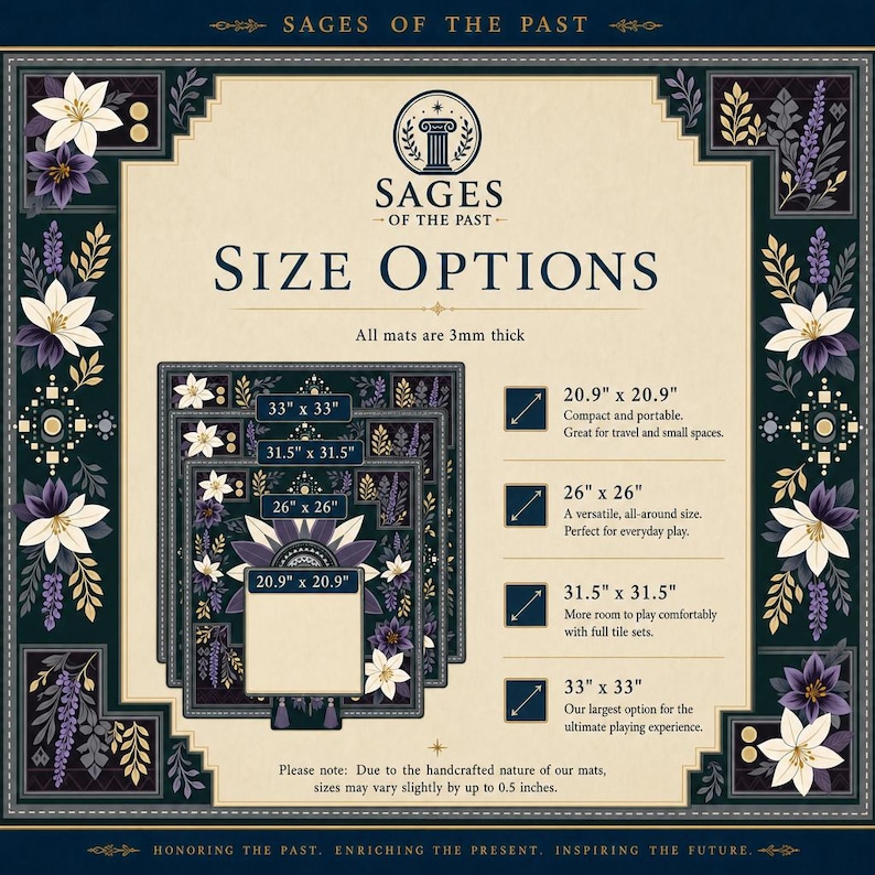 May include: A Sages of the Past informational graphic displaying size options for square mats. The text lists dimensions of 53.1 x 53.1 cm, 66 x 66 cm, 80 x 80 cm, and 83.8 x 83.8 cm, noting that all mats are 3mm thick.