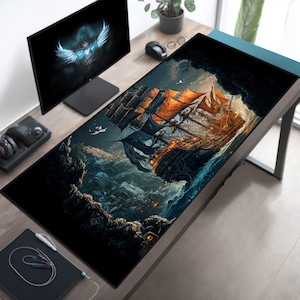 Desk Mat, Fantasy Pirate Ship Large Mouse Pad, Cute Gaming Desk Pad, Gaming Desk Mat, Pirate Playmat, MTG Play Mat, Pirate Desk Mat Mousepad