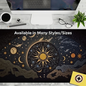 May include: A black and gold tapestry with a celestial design featuring a large sun, moon, and stars. The text "Available in Many Styles/Sizes" is at the top of the image.