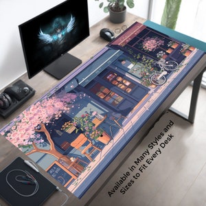 Cute Desk Decor, Anime-Inspired Purple Blue and Pink Tokyo Steet Bakery Shop, Cute Desk Mat Mousepad XL, Kawaii Mouse Pad, Lofi Desk Pad