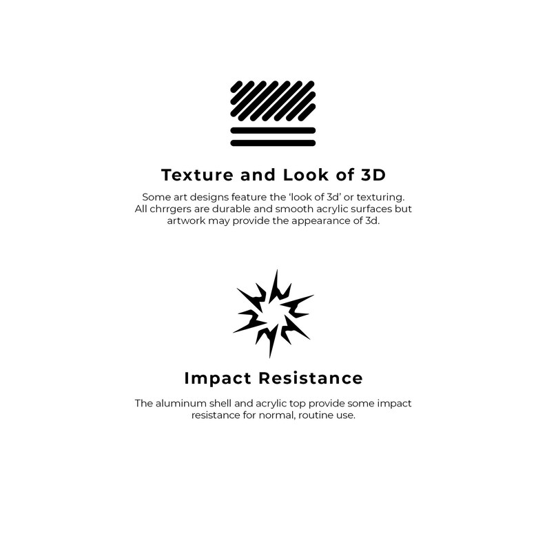 May include: A black and white illustration of a textured surface and a starburst. The text reads "Texture and Look of 3D" and "Impact Resistance". Some art designs feature the 'look of 3d' or texturing. All chargers are durable and smooth acrylic surfaces but artwork may provide the appearance of 3d. The aluminum shell and acrylic top provide some impact resistance for normal, routine use.