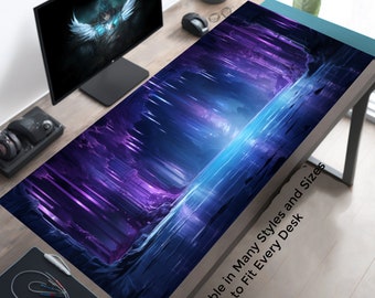 May include: A purple and blue abstract design with a glowing light in the center. The design is on a desk mat with the text "Available in Many Styles and Sizes to Fit Every Desk".