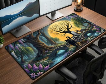 Book Lovers Cute Desk Mat Mousepad Featuring Cat, Bandit, Owl and Fox in an Enchanted Forest with Full Moon