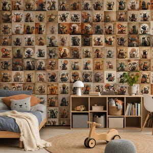 Pode incluir: Um quarto infantil extravagante com uma parede coberta por ilustrações quadradas de monstros de desenhos animados. O quarto inclui uma cama com um edredom azul, uma prateleira de madeira com brinquedos e um tapete redondo de juta.