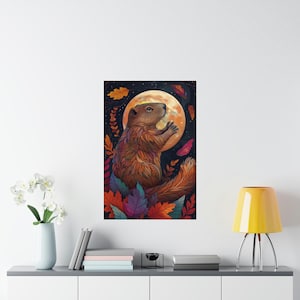 Cute Animal Poster, Groundhog Moon Poster Art Print, Groundhog Art, Nursery Art, Kids Room Art, Kids Room Wall Art, Groundhog Wall Art
