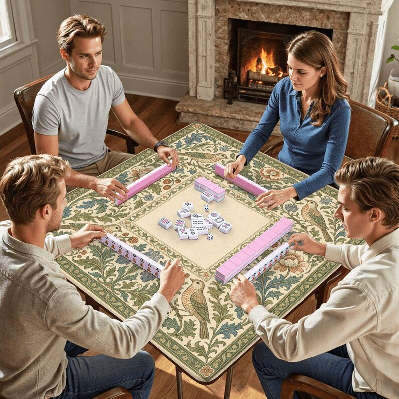 May include: A square game table featuring a cream-colored center and a decorative border with green foliage and bird illustrations. The table surface holds several white rectangular tiles with black symbols and four rows of pink tiles arranged in a square.