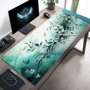 Tapis de bureau vert menthe, joli tapis de souris, tapis de souris esthétique, grand tapis de souris, tapis de souris à fleurs, très grand tapis, décoration de table de jeu, cadeau de bureau