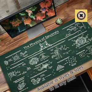 Puede incluir: Alfombrilla de escritorio verde con el título "The Physics of Squirrels" y diagramas científicos sobre ardillas. La alfombrilla incluye el texto "Available in styles & sizes to fit any desk".