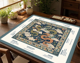 May include: A square Mahjong mat featuring a central dark blue square with an intricate pattern of orange and green dragons amidst white clouds. The cream-colored border displays game rules and instructions in black text, including Charleston and Jokers.