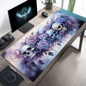 Purple Pastel Goth Skulls and Roses Desk Decor, Goth Office Accessory, Dark Academia Decor, Dark Cottagecore Mat, Gaming Desk Mat XL XXL Big