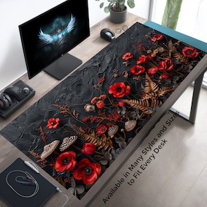 Décoration de bureau gothique esthétique sombre avec fleurs cottagecore sombres, fougères et champignons, tapis de bureau tapis de souris XL, tapis de souris de jeu XXL