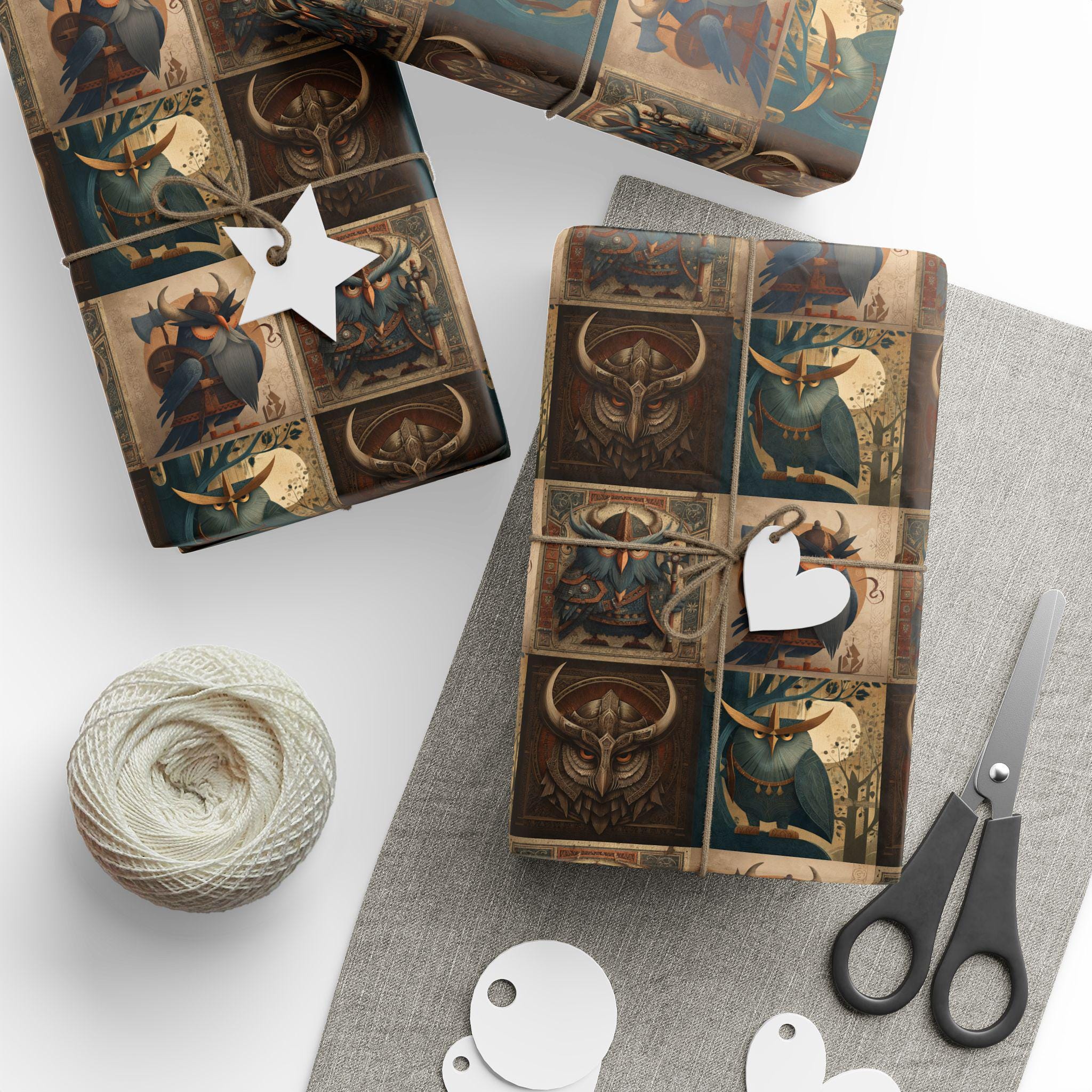 Viking Owl Tiled Gift Wrap - Unique Nordic Fantasy Wrapping Paper - Viking Gifting