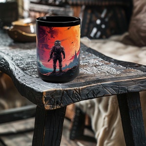 Astronaut Mug, Fantasy Space Adventure Coffee Cup, Pop Art Cup, Astronaut Cup, 15oz Black Mug