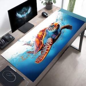 May include: A colourful sea turtle with orange, red, blue and green accents swims through blue water with white splashes. The turtle is on a white and blue background.