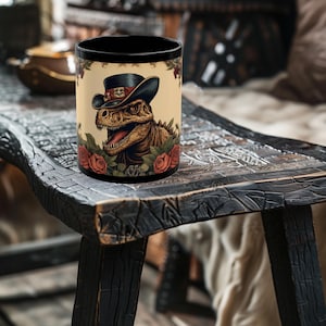 Retro Fantasy Dinosaur Wearing a Top Hat Mug - Dinosaur Mug - Cute Dino Mug - T-Rex Mug - 11oz or 15oz Black Ceramic Mug
