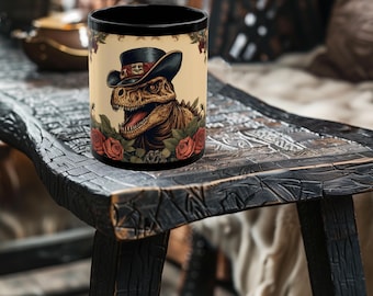 Taza de dinosaurio de fantasía retro con sombrero de copa - Taza de dinosaurio - Taza de dinosaurio linda - Taza de T-Rex - Taza de cerámica negra de 11 oz o 15 oz