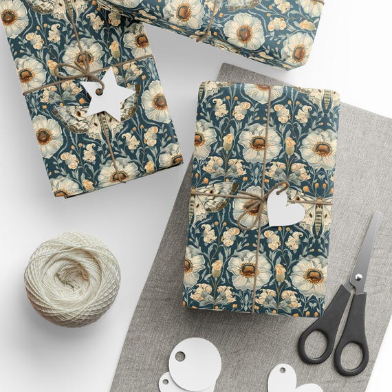 Cute Wrapping Paper - William Morris Inspired Botanical Moth - Cute Gift Wrap - Birthday Wrapping Paper - Christmas Wrap - Christmas Decor