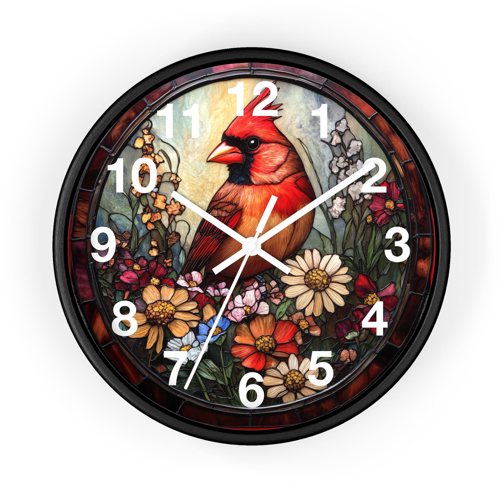 Lovely Cardinal Round Wall Clock Featuring Look of Stained Glass Art ...