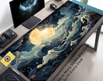 Stormy Seas Desk Mat, Boisterous Ocean Desk Pad, Full Moon Mousepad, Sailors Terror Nautical Mouse Pad, Gaming Platmat