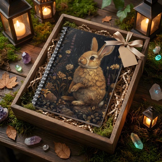 Dark Cottagecore Bunny Rabbit Personal Ruled Line Notebook - Useful as Personal Journal or Diary or For Notes or Grocery Lists
