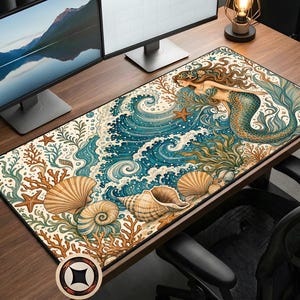Puede incluir: Una alfombrilla de escritorio rectangular con una intrincada ilustración de una sirena con cabello largo y fluido y una cola escamosa nadando entre olas estilizadas, arrecifes de coral y varias conchas marinas en tonos azul, turquesa, crema y naranja.