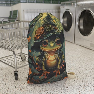 Cute Witchy Frog Laundry Bag, Drawstring Travel Laundry Bag for College, Home or Holiday