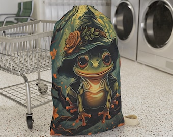 かわいい魔女のカエルのランドリーバッグ、大学、自宅、休日用の巾着型旅行用ランドリーバッグ