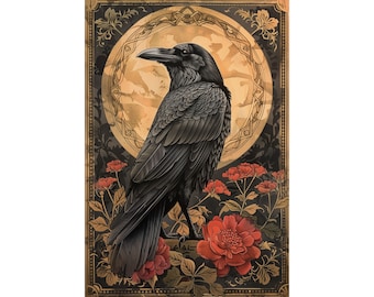 May include: A black raven with a detailed design sits on a branch of red flowers against a gold and brown background. The raven is surrounded by a decorative circular frame with intricate details.