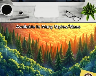 Émergence de la forêt, tapis de bureau esthétique, tapis de bureau forêt, jolie housse de bureau, housse de clavier orange et vert, tapis d'ordinateur portable, sous-main
