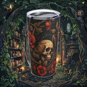 Gothic Skull and Roses Tumbler, Gothic Travel Mug, Goth Mug, Horror Art Travel Mug, 20oz Stainless Steel Tumbler