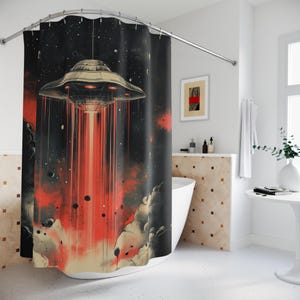 Rideau de douche ovni cosmique - Décoration de salle de bain de science-fiction, cadeau sur le thème des extraterrestres, accessoire pour la maison de l'espace, décoration de salle de bain unique