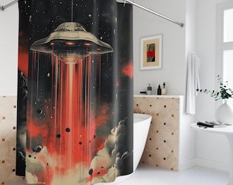 Cosmic UFO Shower Curtain - Sci-Fi Bathroom Decor, Alien Themed Gift, Outer Space Home Accessory, Unique Bathroom Decor