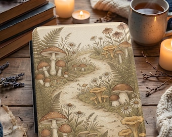 Funda Kindle con diseño de hongos del bosque y portada botánica neutra.