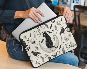 Cute Witchy Goth Cat Laptop Sleeve, Dark Academia iPad Sleeve, Goth Tablet Case, Computer Travel Bag, Computer Tote, Notebook Bag