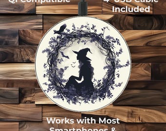 Cargador inalámbrico - Linda silueta de bruja, cuervo y corona - Cargador de iPhone - Cargador inalámbrico de Android - Cargador de teléfono - Regalos tecnológicos de brujas