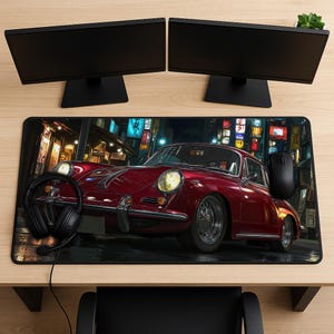 May include: A computer desk setup featuring a large mousepad with a vintage red car design. The mousepad showcases a classic car in a city setting, with a black mouse, headphones, and two black computer monitors.