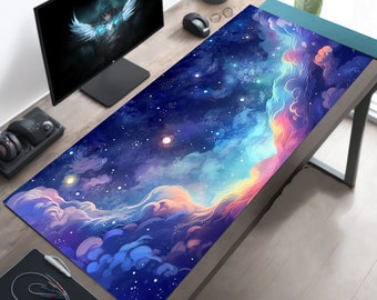 Pastel Anime Space Desk Mat, Nebula View, Cute Aesthetic Stars and Galaxies, Large Deep Dark Blue Cosmos Mouse Pad