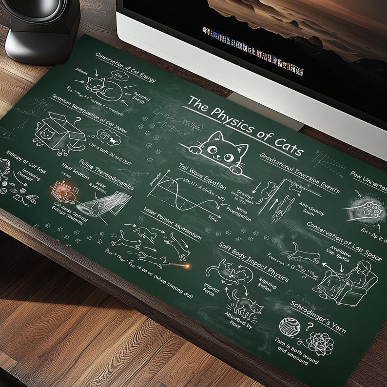 May include: A green desk mat featuring a chalkboard design with white illustrations and text about "The Physics of Cats." The mat includes diagrams, equations, and cat-related concepts, with a playful and educational theme.